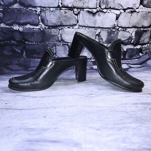 Franco Sarto black leather chunky heel mule shoes